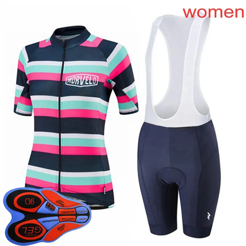 Sommer MORVELO Team Damen Radtrikot Set MTB Fahrrad Outfits Kurzarm Bike Tops Trägerhose Anzug Sportuniform Y21031822