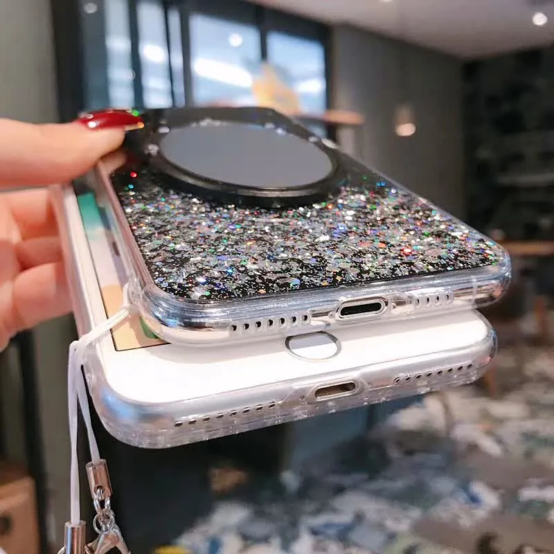 Lüks Glitter Sequins Makyaj Aynası İpi Telefon Kılıfı Için iPhone 11pro Max SE XS Max X 6 7 8 Artı Gümüş Folyo Tutucu Yumuşak Kapak