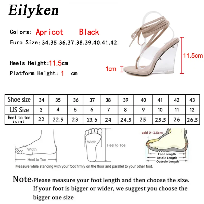 Eilyken Apricot Black PVC Transparent Crystal Wedges Sandals Summer Sexy Clip Toe Ankle Lace-Up Women High Heels Party Shoes 0922