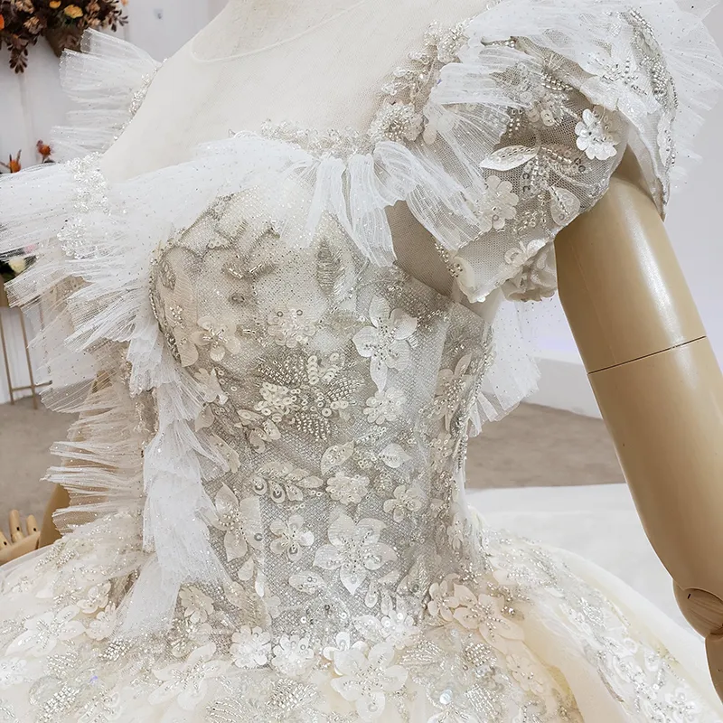 HTL1525 Robe Longue 2020 vestido de novia de lujo con cuentas manga casquillo apliques largos plisado lentejuelas boda vestidos de baile vestido de boda