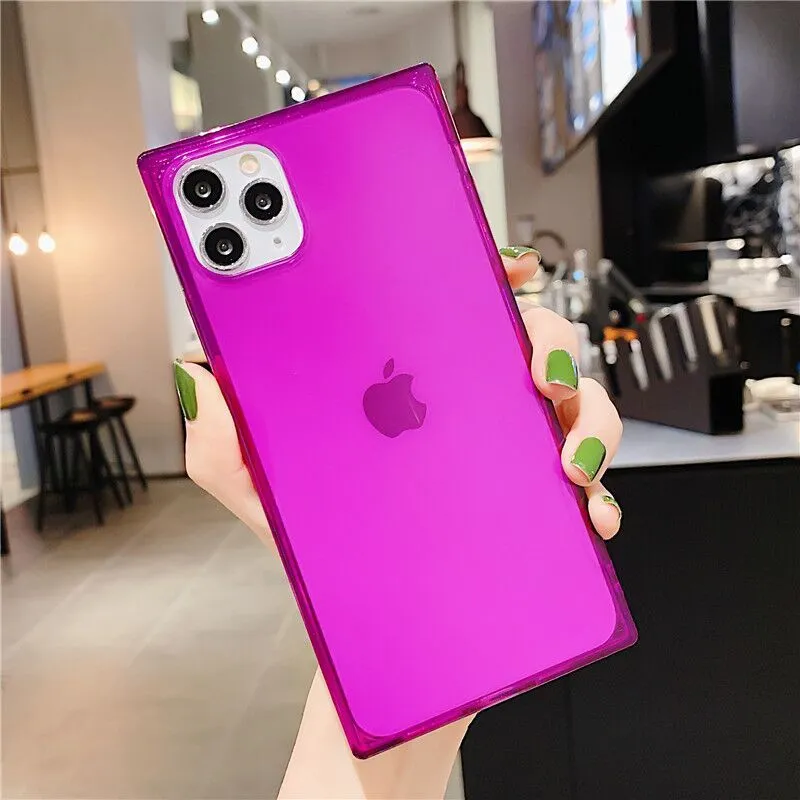 Fluorescencyjny kwadratowy solidny kolorowy telefon dla iPhone'a 11 pro Max xr x xs Max 7 8 6 Plus SE Case odporny na wstrząsy miękki, przezroczysta tylna okładka