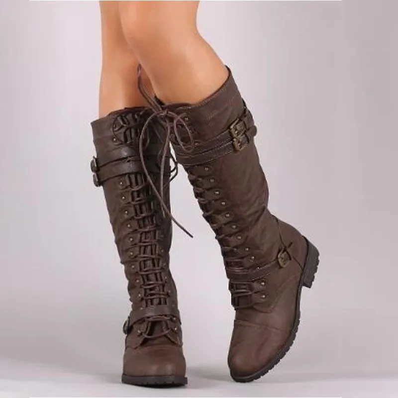 Nuovi stivali da donna alti al ginocchio Autunno Inverno Lace Up Vintage Scarpe piatte Sexy Steampunk Leather Retro Buckle Ladies Snow Boots 200916