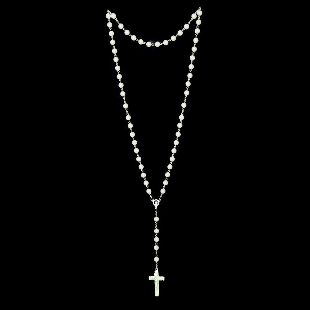Chapelet lumineux Croix pendentifs colliers Perles vintage long style chaîne de pull Chrétien Catholique Jésus bijoux mode 275p