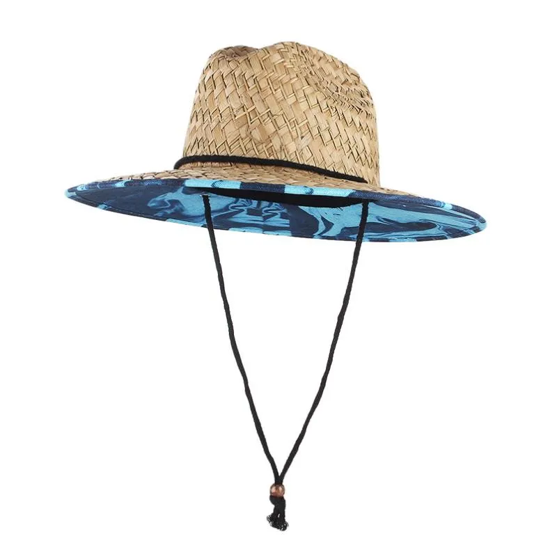 Chapeaux à large bord Gemvie Lifeguard Paille Safari Chapeau pour hommes Femmes Summer Sun avec menton Cord1275G