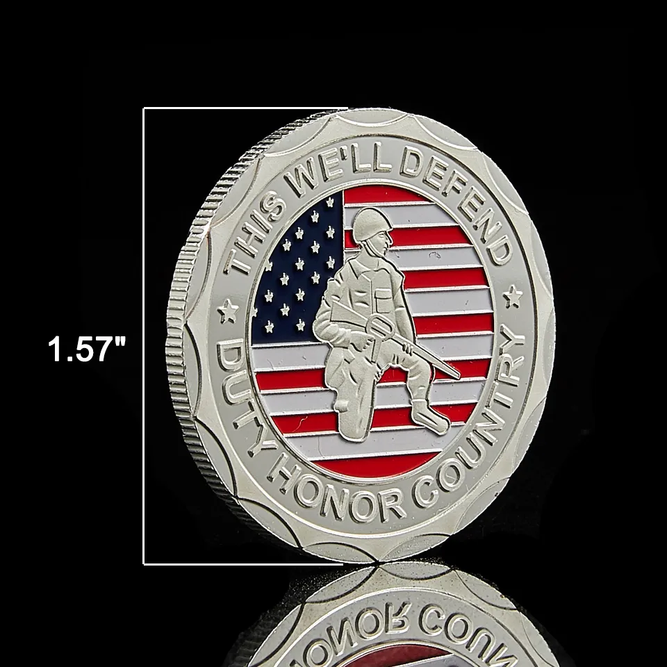 US Flag Veteran Veteran Coin Craft fier a servi ce badge de défi en argent de la journée de défense Honor Country Silver9285517