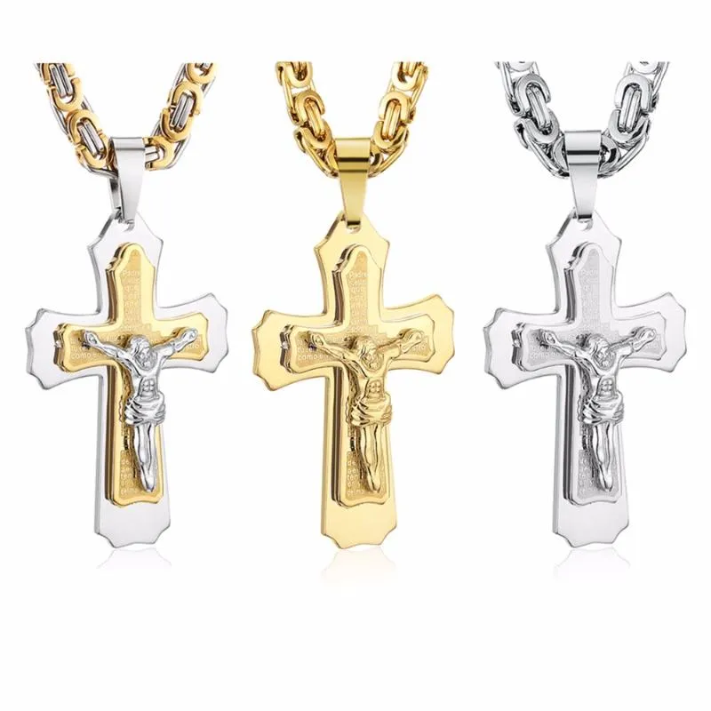 Collana con pendente a croce Cristo Gesù multistrato Collana a maglia in acciaio inossidabile Catena bizantina Regalo gioielli da uomo pesante 21 65 6mm MN78267A