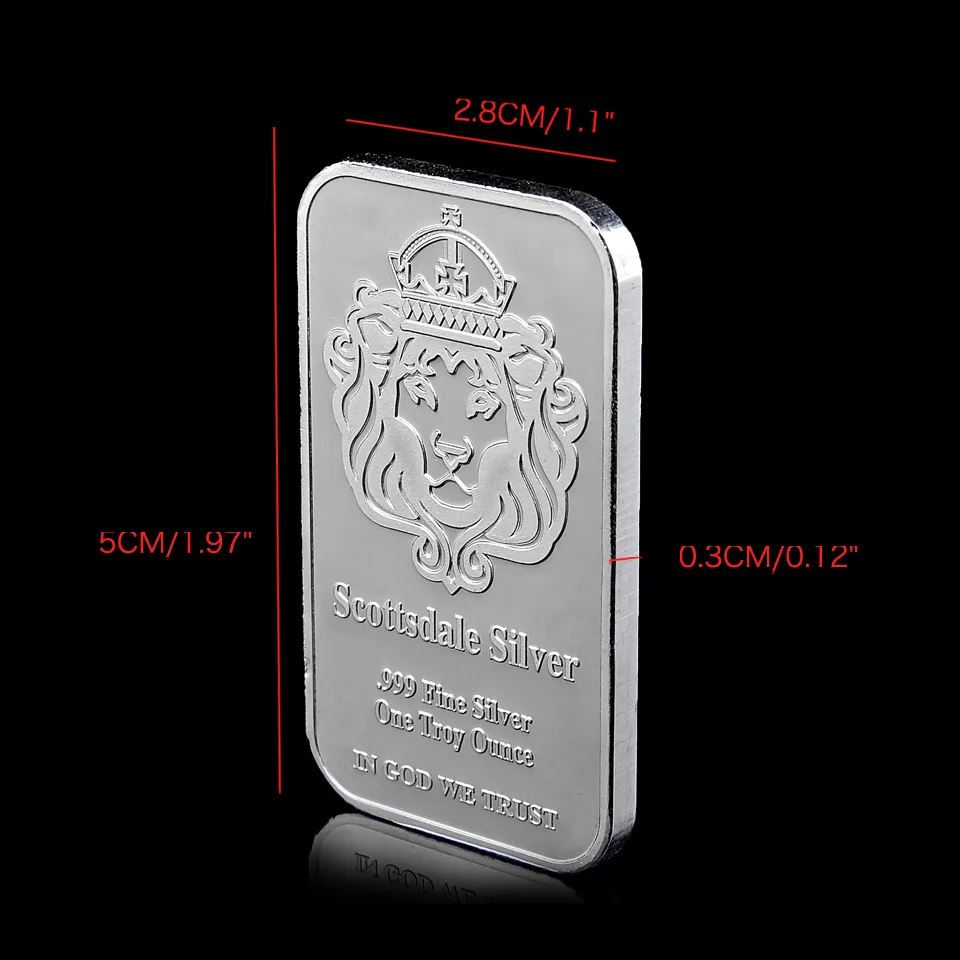 Scottsdale 999 Fijne zilveren One Troy Ounce Bars Bullion Craft in God We vertrouwen 50 mm x 28 mm Ingot Badge Decoration Coin Bar204s