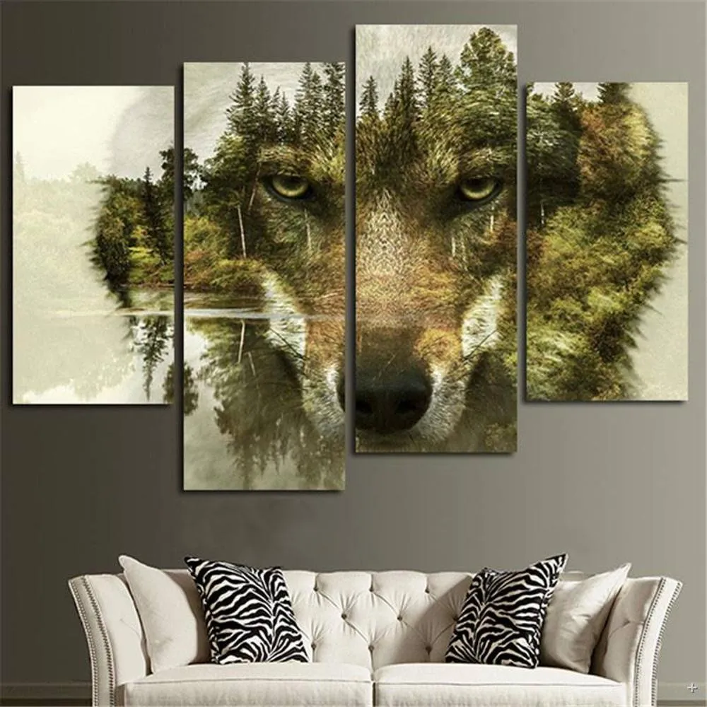 4 pièces moderne toile peinture mur Art photo décoration de la maison loup forêt eau Animal impression sur toile œuvre décoration murale 8980025