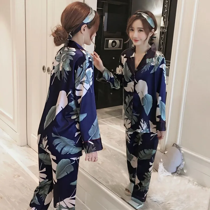 Women Plus Size 5XL Pyjamas Autumn Flower Printed Satin Silk Pajama Set Rayon Sleepwear Long Sleeve Trousers Nightwear Suit 200919