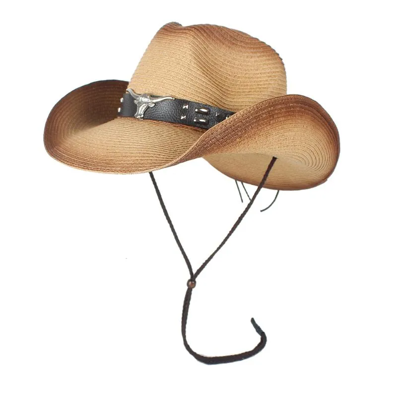 Kvinnor män ihåliga västra cowboy hatt lady sommar halm sombrero hombre strand cowgirl jazz sol hatt vind rep storlek 57-59cm218m