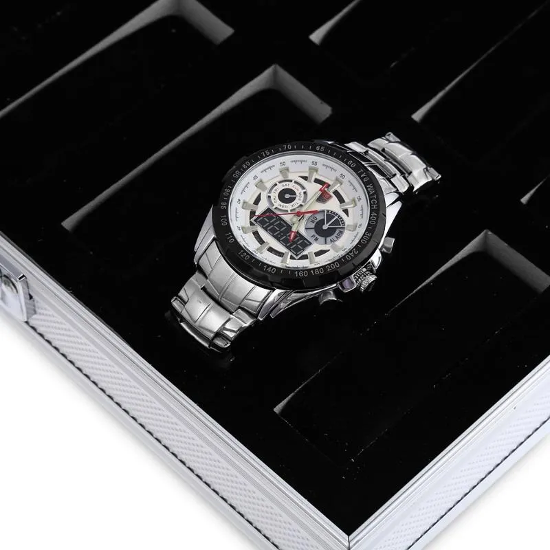 Scatole orologi Custodie professionali 12 slot griglia Orologi gioielli Display Custodia quadrata Custodia in pelle scamosciata di alluminio Contenitore interno Or212y