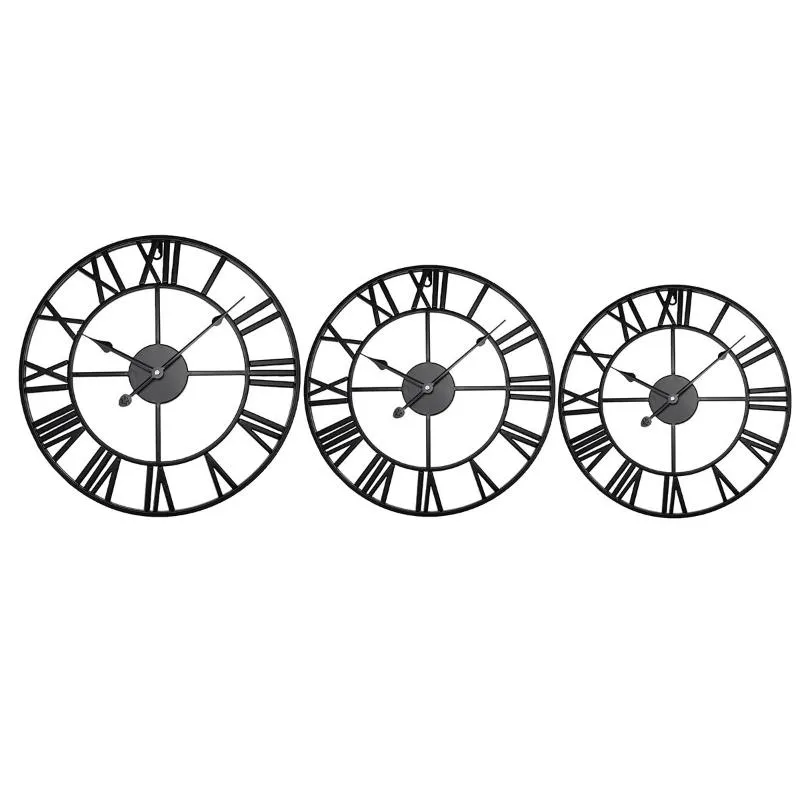 Zegary ścienne 40 47 60 80CM Nowoczesne 3D duże retro czarne żelazne okrągłe okrągłe sztuka hollow metalowy zegar Nordic rzymski cyfr rzymski dekoracja domowa 1270Q