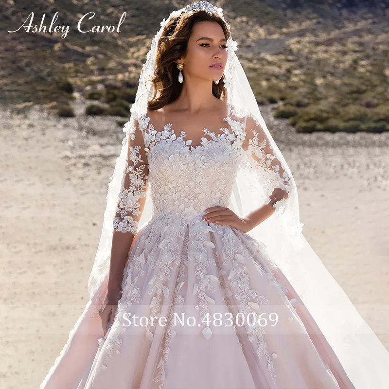 Ashley Carol Pink A-Line Abiti da sposa 2020 Vestido De Noiva Mezze maniche Principessa Sexy Scoop Fiori 3D Abiti da sposa vintage