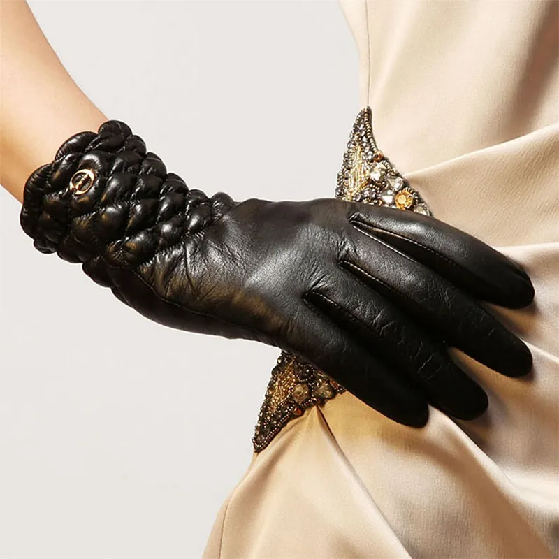 High Quality Brand Genuine Leather Gloves Soft Women Sheepskin Glove Fashion Trend Winter Driving Leather Gloves EL005NC-5301Q