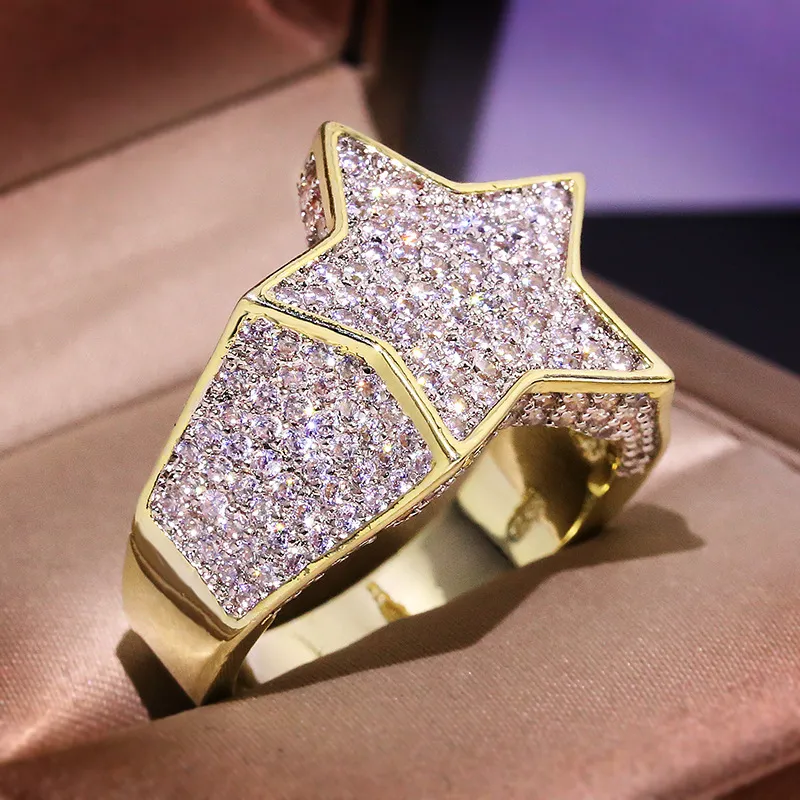 Хип -хоп кольцевой ювелирные изделия заморожены крутые мальчики мужские звездные кольцо кольцо золото, покрытое CZ Cubic циркония Bling Hiphop Ron