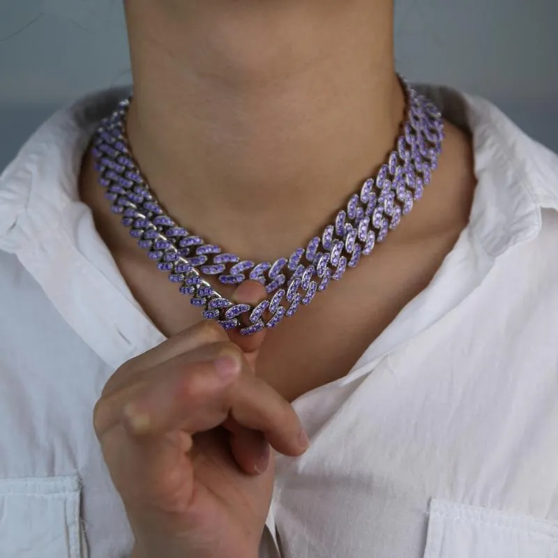 12mm Miami cuban link chain choker micro pave purple blue cz hip hop women necklace 16 18 263s