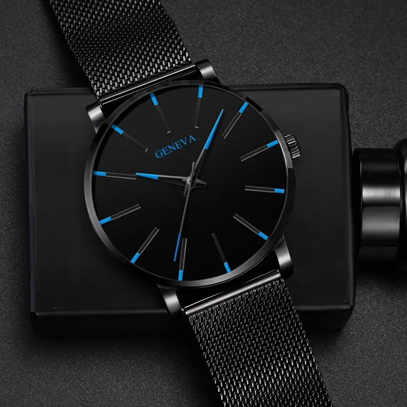 Genève Ultra mince hommes montres bleu pointeur loisirs Quartz montre-bracelet en acier inoxydable bracelet en maille cadran horloge cadeau Relogio Masculino1181f