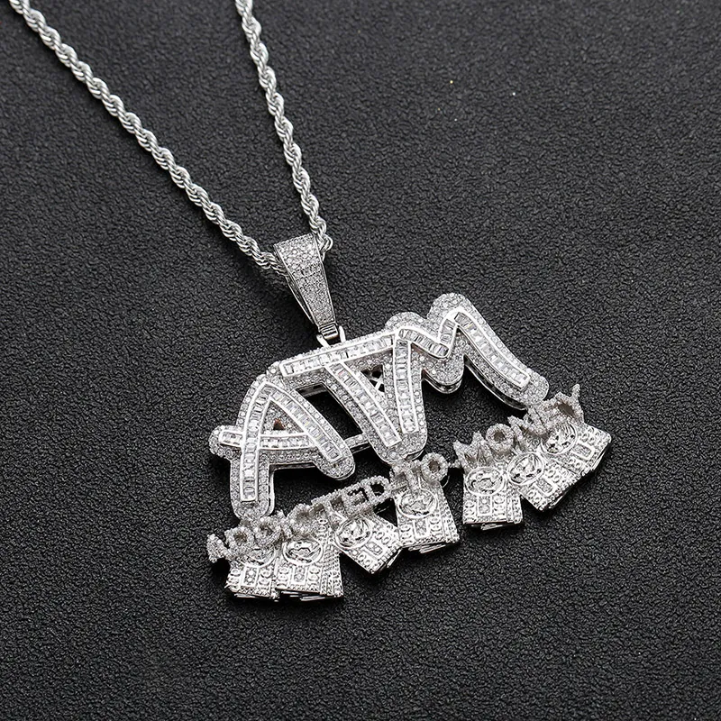 Hip Hop Micro pavé cubique zircone Bling glacé accro à l'argent ATM pendentifs collier pour hommes rappeur bijoux or couleur 293w