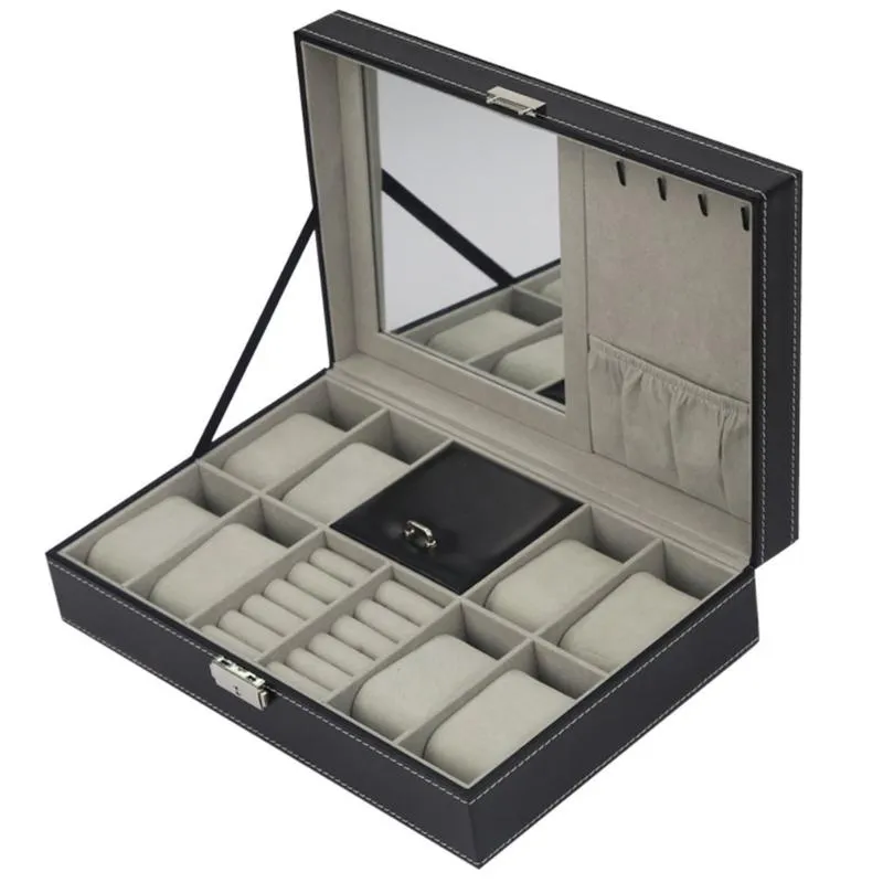 مربعات مربعات الحالات 2 6 10 12 Girds Leather Carbon Carbon Box Box Organizer لتخزين المجوهرات للأقراط حامل سوار