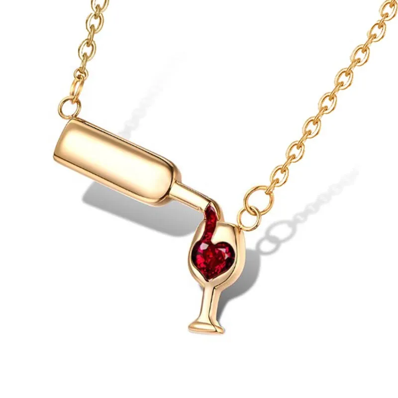 Rose Gold Farbe Kreative Wein Glas Anhänger Halskette für Frauen Zirkon Rotes Herz Wein Tasse Charme Halskette Choker Short1229U