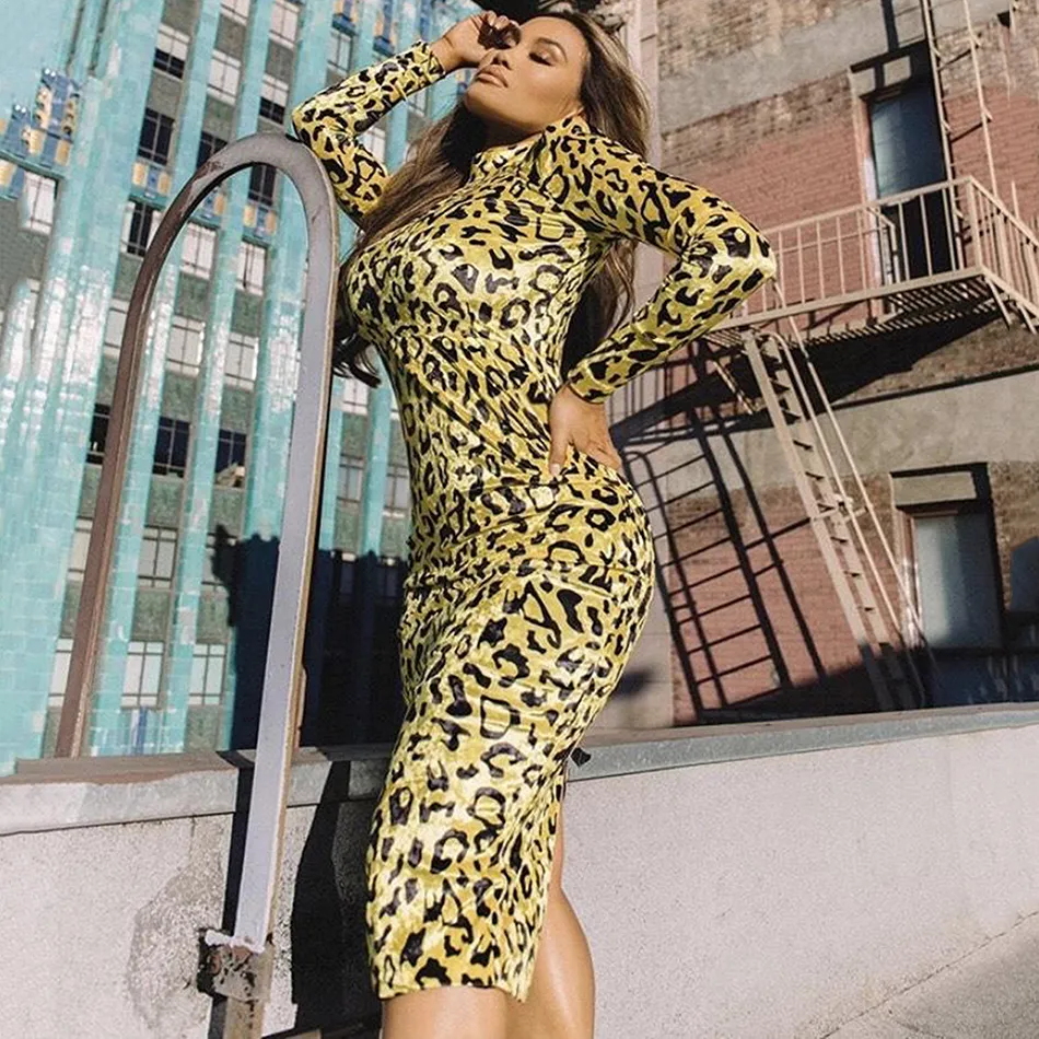 2020 vinter ny mode leopard tryck lång klänning elegant kvinnor långärmad bodycon klänning kändis kvällsfest landningsbanan vestidos t200911