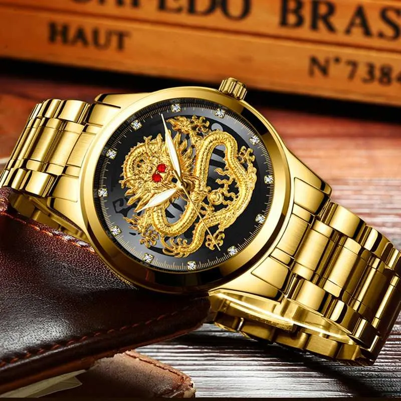Nieuwe Mode Mannen Draak Horloge Gouden Heren Horloges Top Waterdichte Quartz Klok Mannelijke Drop Relogio Masculino231S