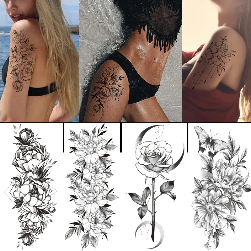 100 stks groothandel cool zwart bloem kunst lichaam waterdichte tijdelijke tatoeages vrouwen schoonheid sexy rose ontwerp flash nep tattoo sticker T200908