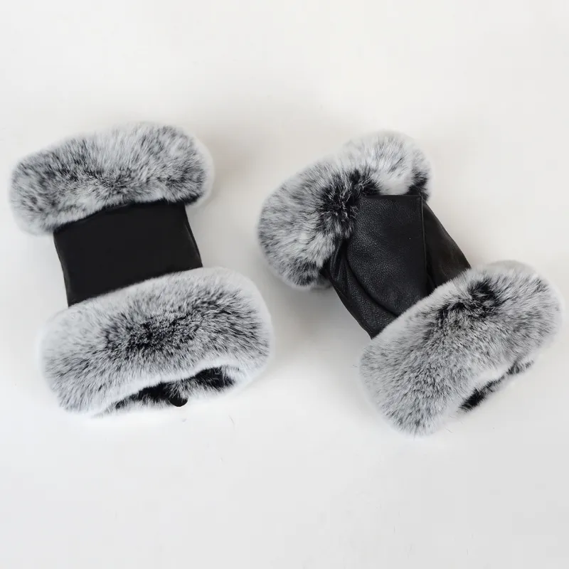 Winter Fashion Black Half Finger Genuine Leather Gloves Sheep Skin Fur Half Finger Fingerless Gloves Fur Mouth352F