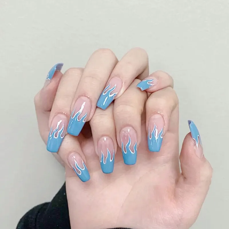 Quality/ set franska falska naglar blå flamma falska naglar med lim långa ballett nageltips dekoration nagel konst verktyg