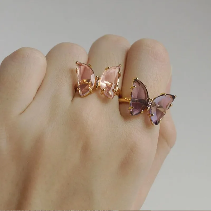 Yeni Tasarım Moda Takı Fantezi Renk Kristal Cam Kelebek Halkası Ayarlanabilir Retro Takı Parti Yüzüğü Kadınlar için1301J