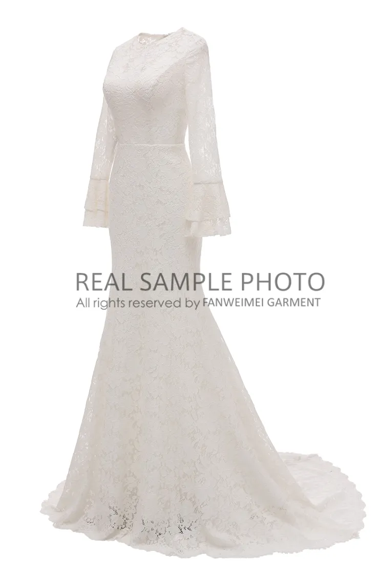 Robe de mariée SIMPLE en dentelle, manches longues évasées, longueur au sol, robe de mariée en dentelle, photo réelle, prix d'usine