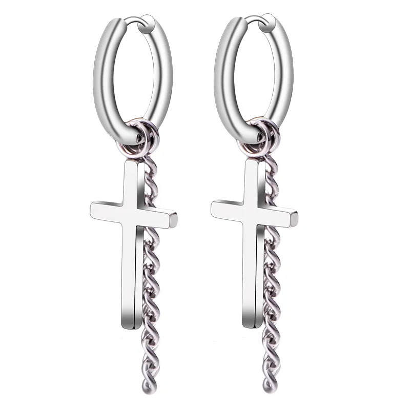 Dangle Chandelier I-Remiel Anti-alergias Hip-Hop Pendientes fríos Cross Long Tassel Chain Pendiente Redondeo de orejas redondas Moda Masculina Nigh279V