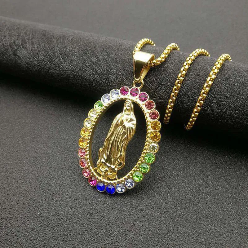 Stainless Steel Rainbow Rhinestone Virgin Mary Mama Pendant Necklace Religious Mary Christ Virgin Necklaces Gift For Him1272E