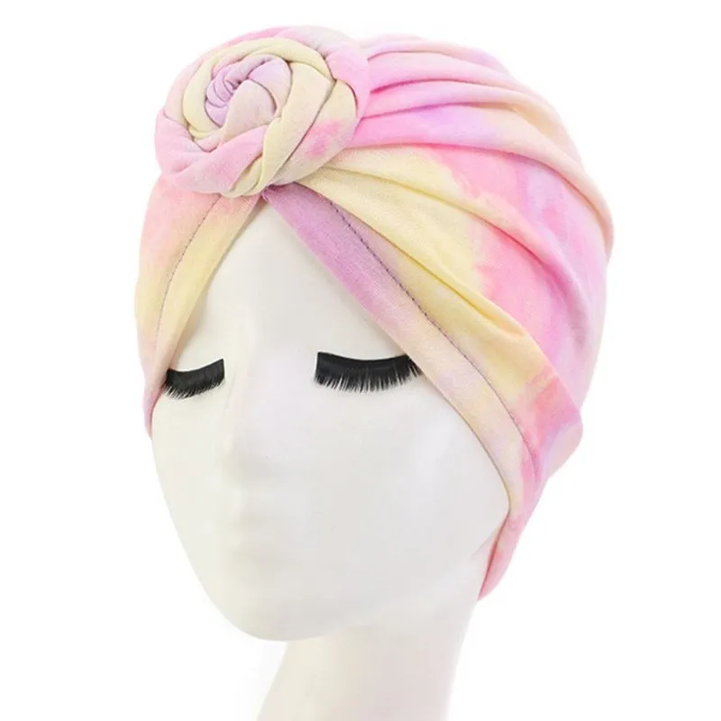 Chapéu turbante feminino Boho espiral com nó elástico neon tie-dye boné de quimioterapia Headwrap1250i