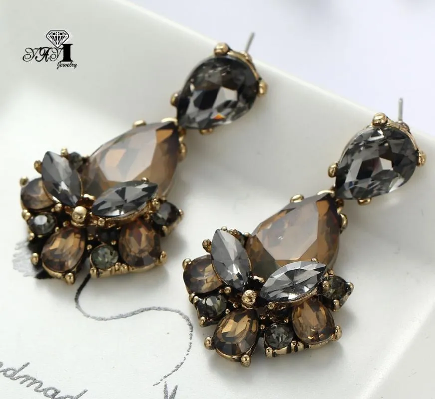 Jewelry yayi Nouveau strass gris en verre brun pende à cristal cristalline oreille de la boucle féminine antique boucles d'oreilles de gemmes de couleur or 1165201d
