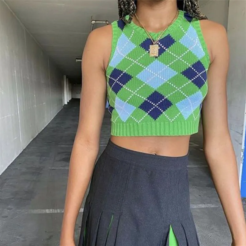 SUCHCUTE Argyle Sleeveless Sweater Vest V Neck Plaid Knitted Vests Women y2k e girl Preppy Style Crop Top Autumn Patchwork 90s Y206429721