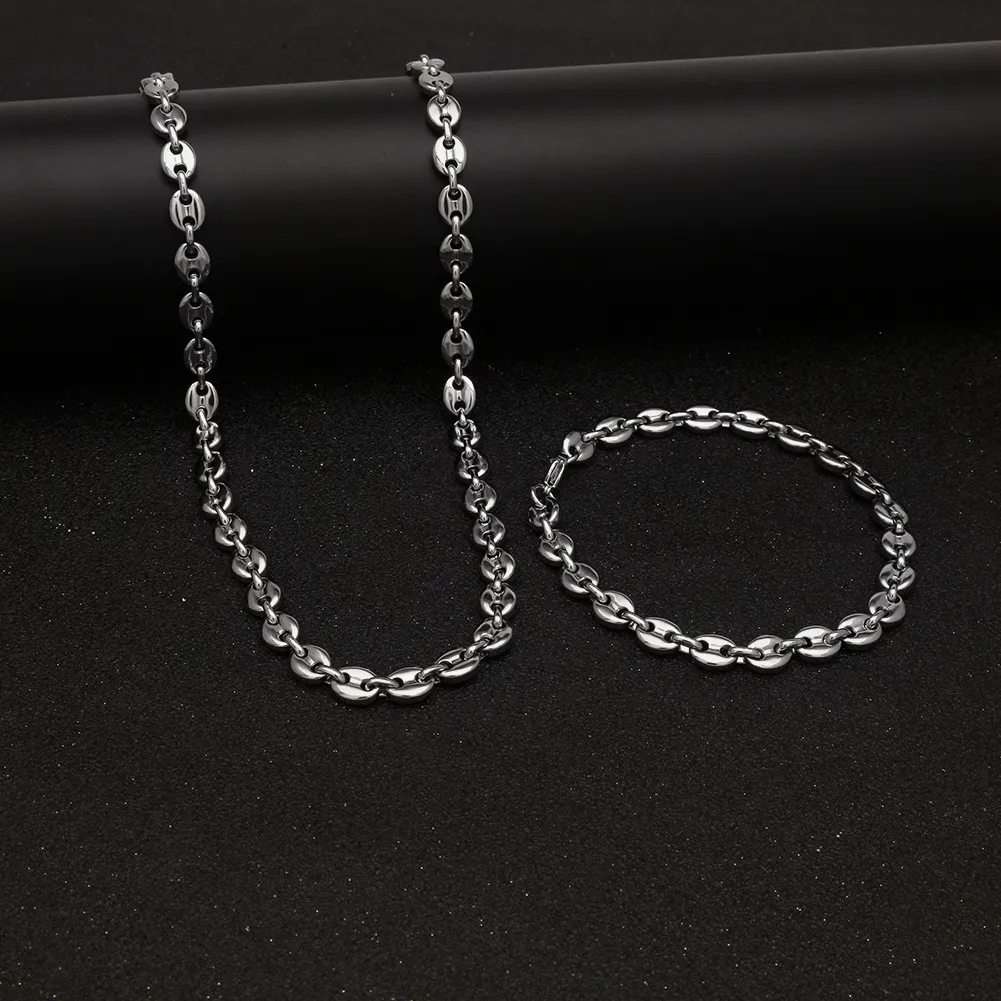 La collana di chicchi di caffè e il bracciale set di bracciale ad alta qualità in acciaio inossidabile hip hop hip hop catena in argento in argento uomo regalo1117190