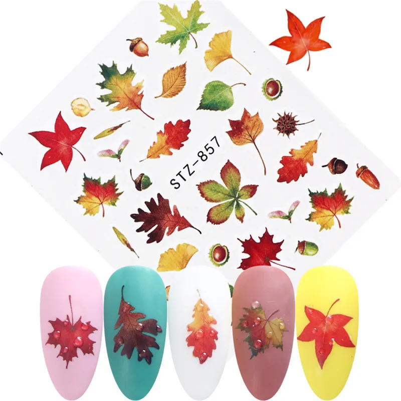 Adesivi nail art Autunno Giallo Foglia d'acero Zucca Decalcomanie il trasferimento dell'acqua Adesivo Foil Disegni autunnali Strumenti manicure decorazioni nail art