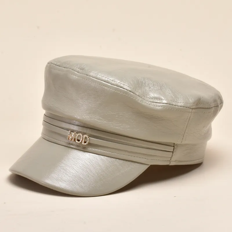 Stikte rand hoeden herfst klassiek Britse stijl kunstmatige lederen baret cap glitter dames sboy marine hoed zeeman kapitein reiscadet255m