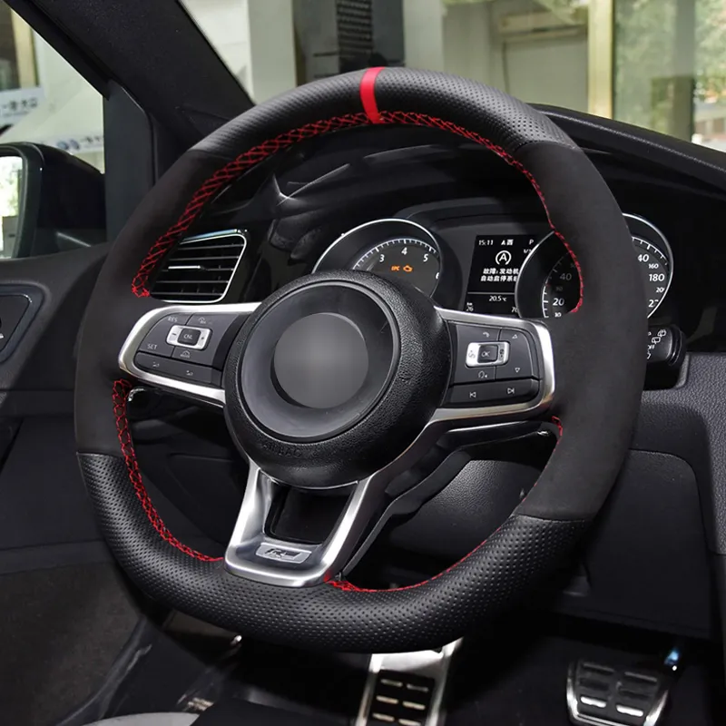 ألياف الكربون الأسود الجلد المدبوغ غطاء عجلة القيادة ل فولكس واجن جولف 7 GTI جولف R MK7 بولو Scirocco 2015 2016