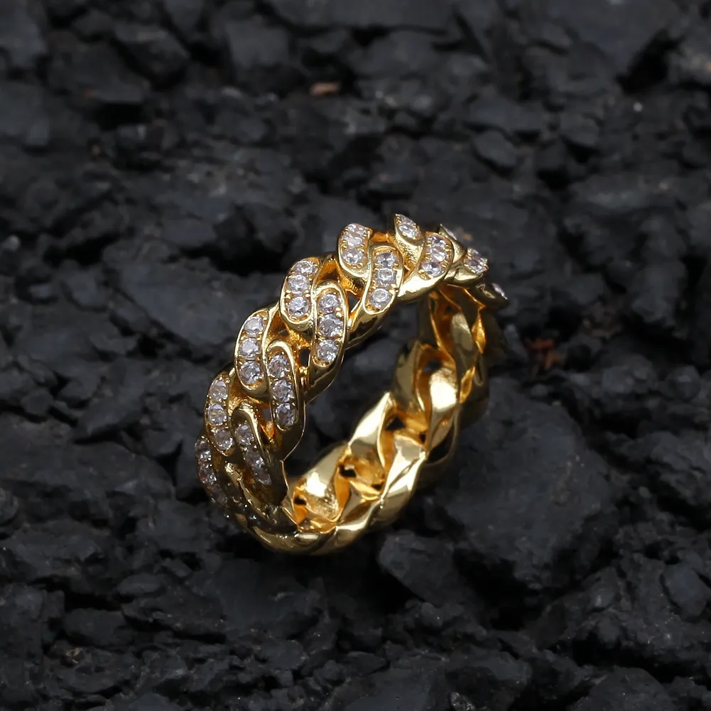 Herrenring Hip Hop Punk Ring Kubanische Gliederkette 8mm Zirkonbeschichtetes Echtgold Trend Herrenring Neu LY098351Y