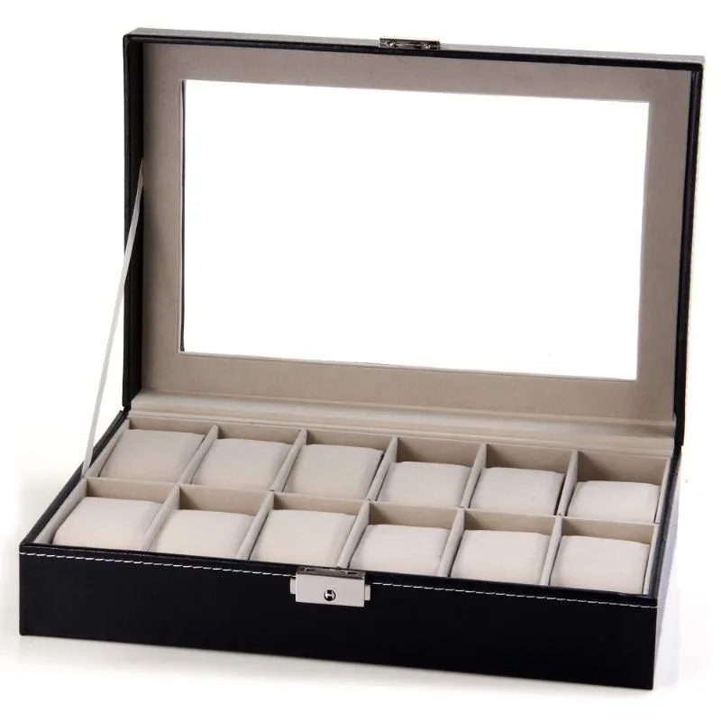Uhrenboxen Hüllen Elegante Box Schmuck Aufbewahrungshalter Organisiert 12 Gitter PU-Leder Vitrine Cajas Para Relojes197E