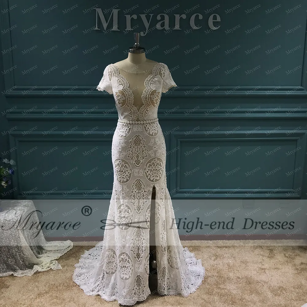 Mryarce 2020 Unique Bride Vintage Lace Mermaid Boho Chic Wedding Dress Detachable Cape Open Leg Bridal Gowns (6)