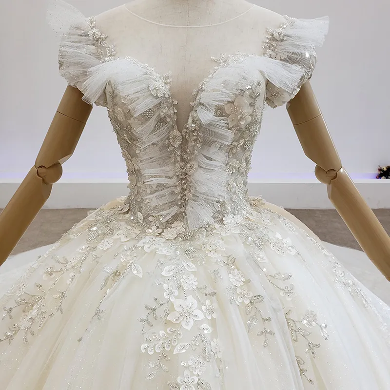 HTL1525 Robe Longue 2020 vestido de novia de lujo con cuentas manga casquillo apliques largos plisado lentejuelas boda vestidos de baile vestido de boda