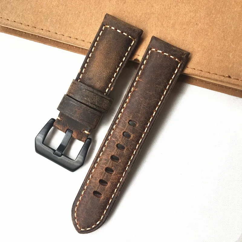 High Quality 24mm Dark Brown Crazy Horse Genuine Leather Watchband Wristband FITPAM PAM111 PAM441 PAM914 Watch Strap Belt233F2128027