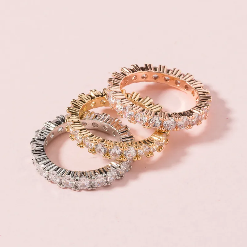 Moda zircão cúbico pavimentar banda eternidade empilhamento anéis para mulheres branco rosa ouro redondo cristal festa de casamento anéis whole277g