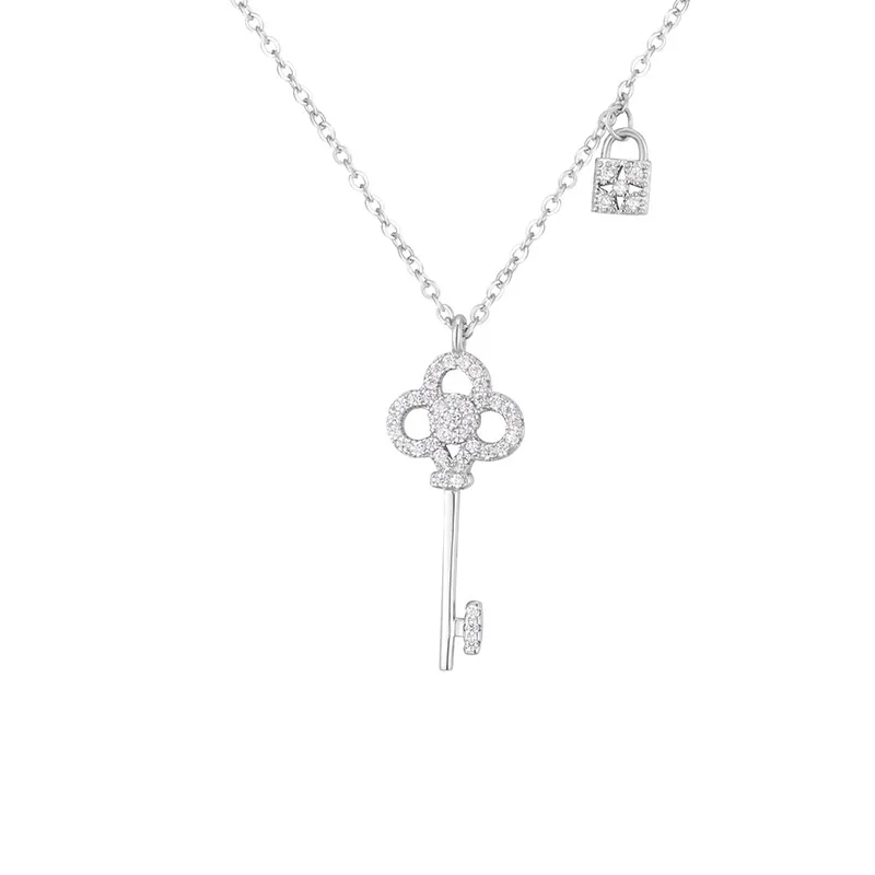 Сверкающее бриллиантовое цирконовое дизайнерское ожерелье с подвеской в виде ключа с замком для женщин и девочек, розовое золото, серебро267j