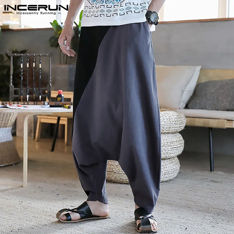 INCERUN Men Harem Pants Patchwork Elastic Waist Joggers Retro Baggy Cotton Trousers Men Casual Drop Crotch Pants Streetwear 200925