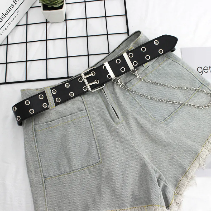Feminino punk corrente moda cinto ajustável preto duplo único ilhó grommet fivela de couro belt255z