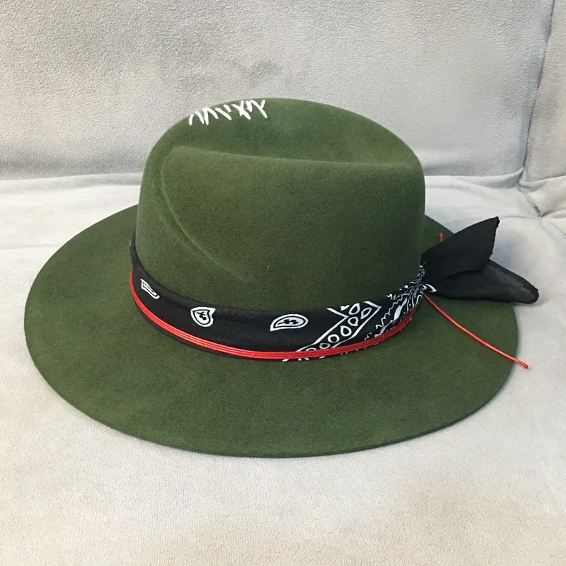 エスニックスタイルグリーンワイドブリムフェドーラハット100％ウールの女性が帽子を感じたパナマハットターバンリボンクラッシュ可能なポークピースタイル202W